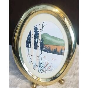 Vtg MCM Fetco Gold Tone Footed Oval 3 X 4 Picture Photo Frame Winter Watercolor
